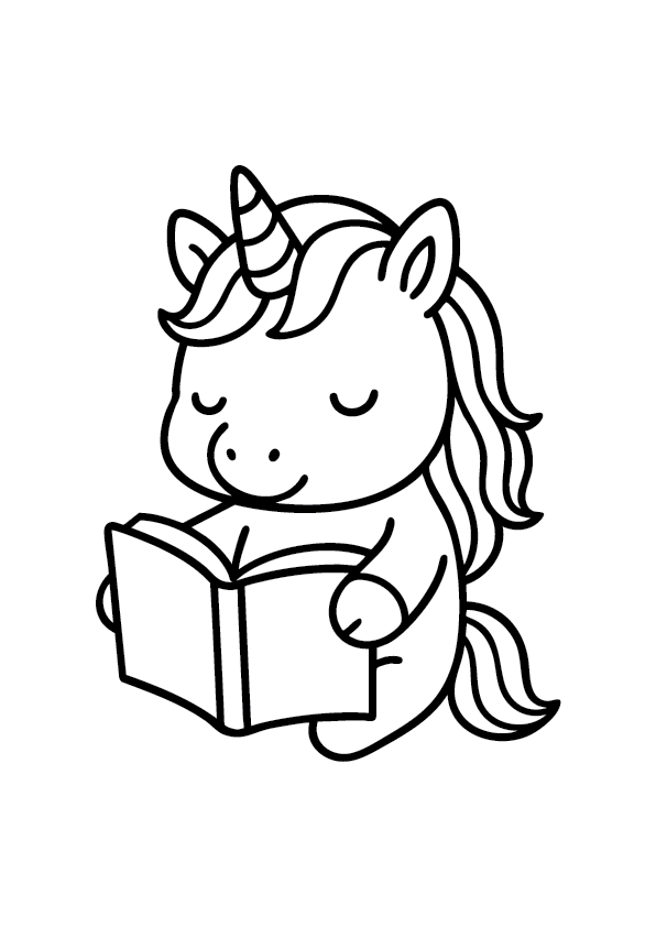 Cute cartoon unicorn rread book - free coloring page for kids